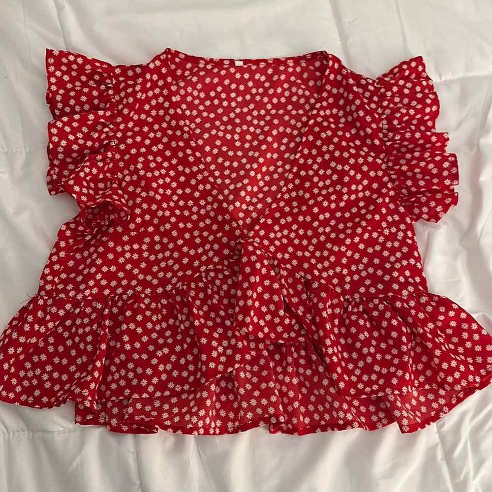 Red ruffle sleeve shirt